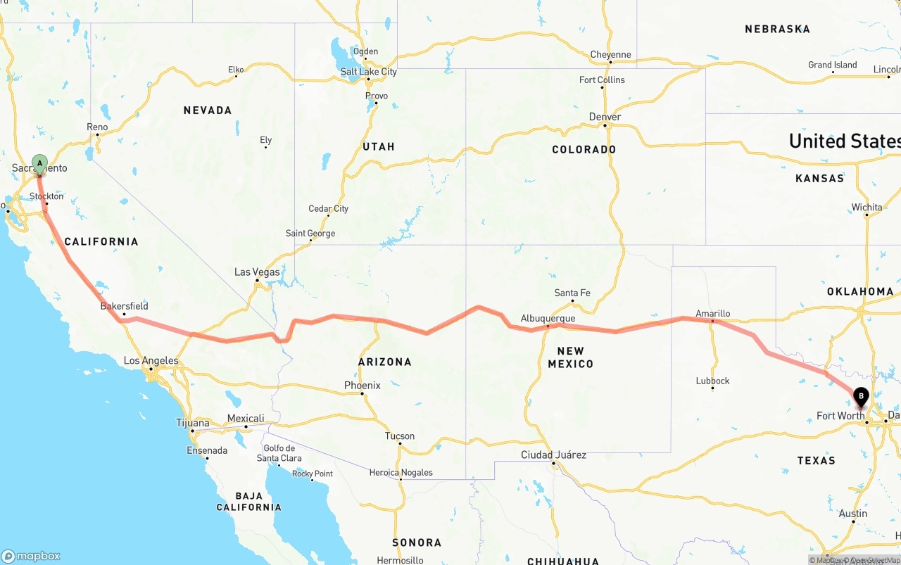 Shipping route from Sacramento to Aurora
