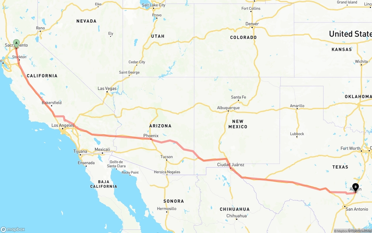 Shipping route from Sacramento to Austin