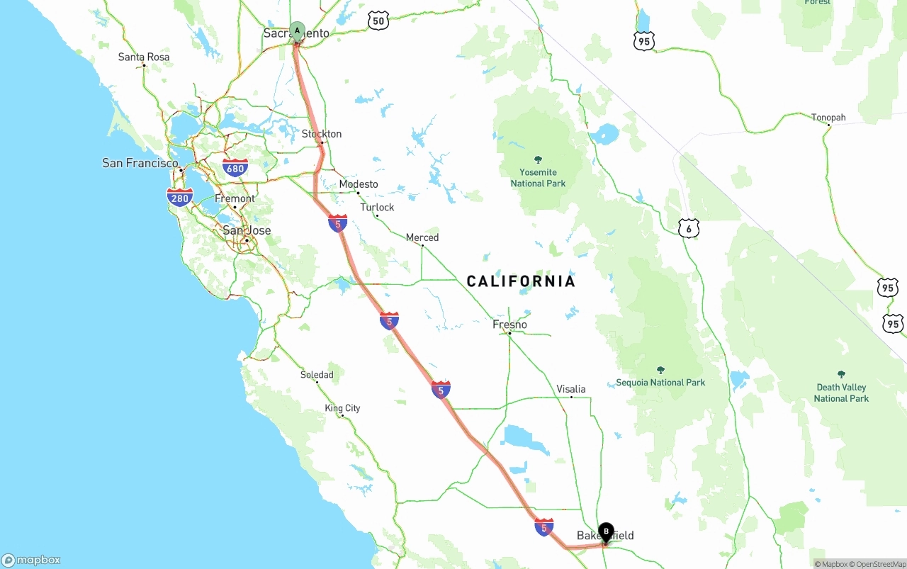 Shipping route from Sacramento to Bakersfield