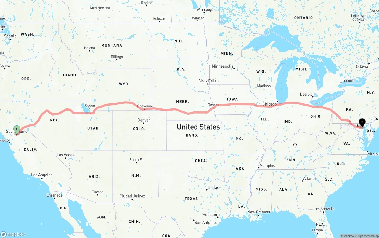 Shipping route from Sacramento to Baltimore