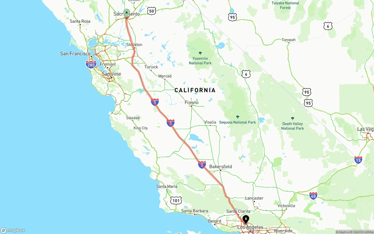 Shipping route from Sacramento to Bob Hope Airport