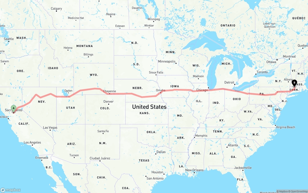 Shipping route from Sacramento to Bradley International Airport