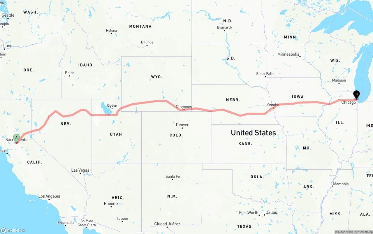 Shipping route from Sacramento to Chicago
