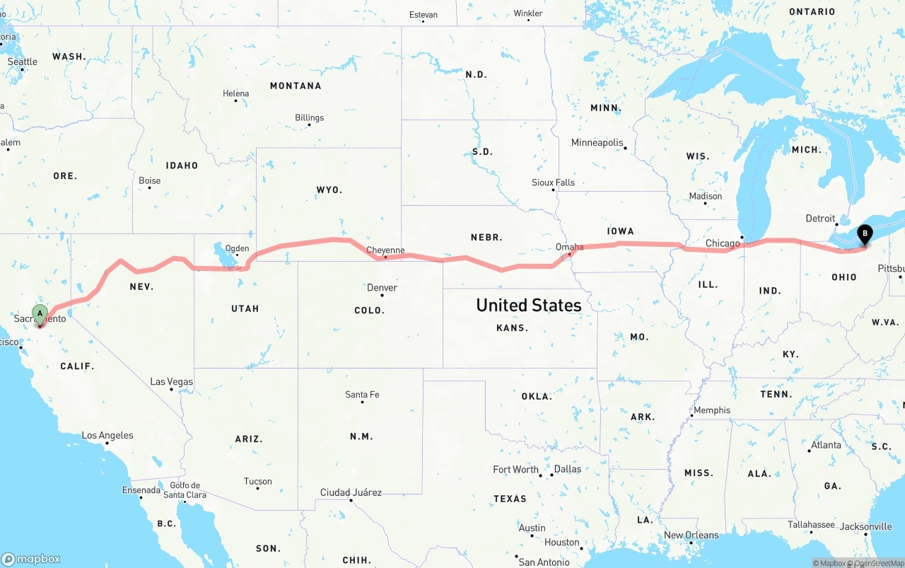 Shipping route from Sacramento to Cleveland