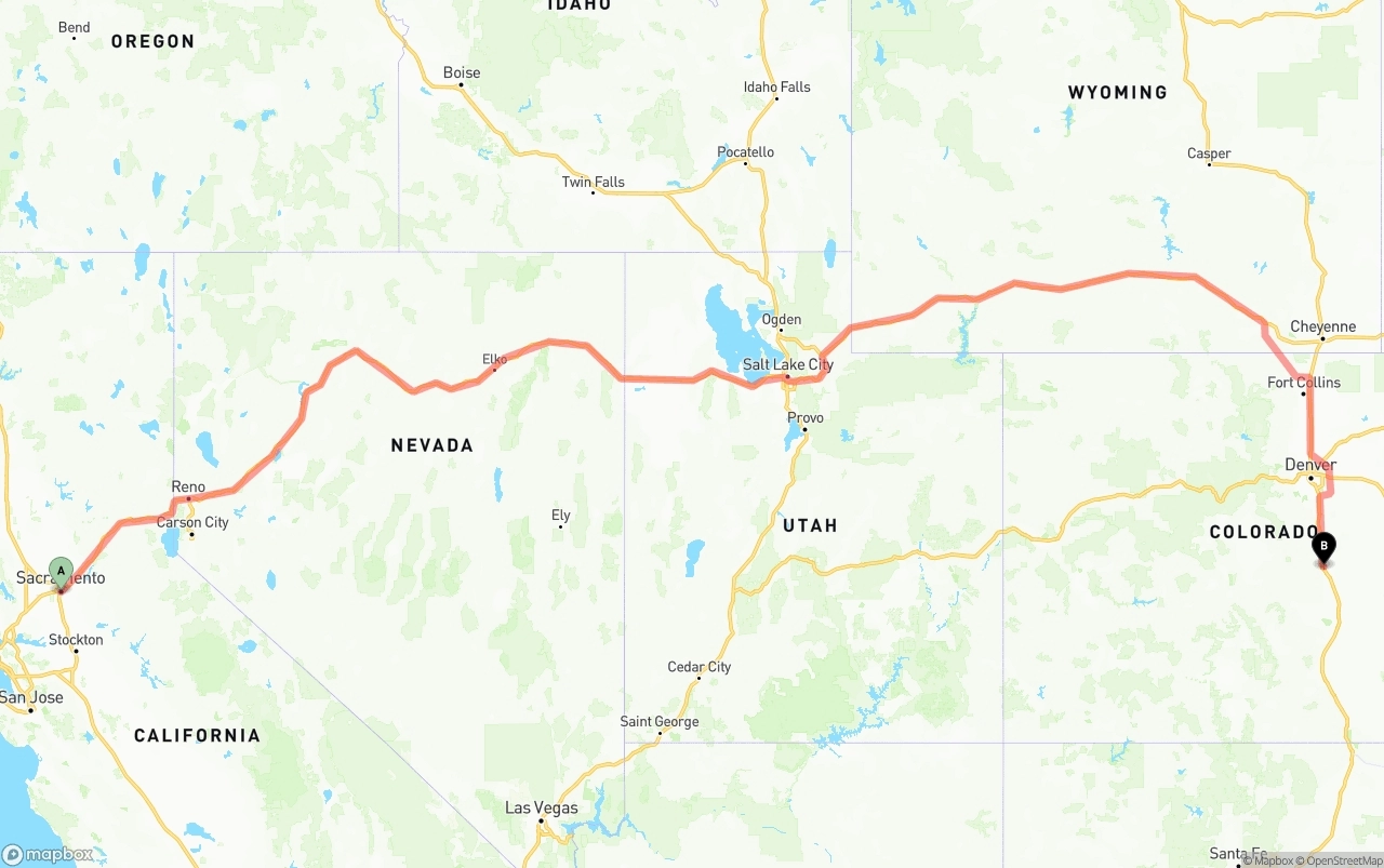 Shipping route from Sacramento to Colorado Springs
