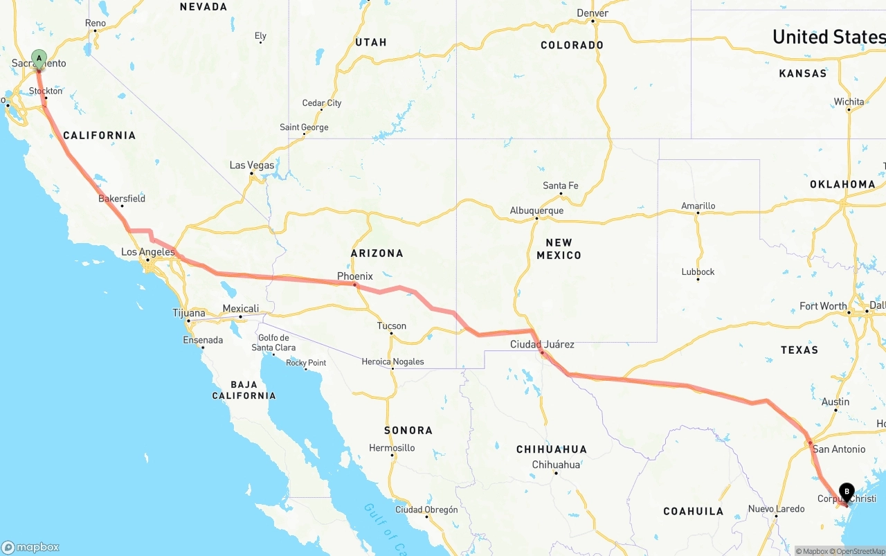 Shipping route from Sacramento to Corpus Christi