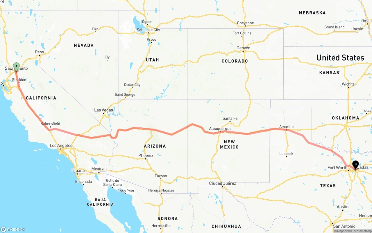 Shipping route from Sacramento to Dallas