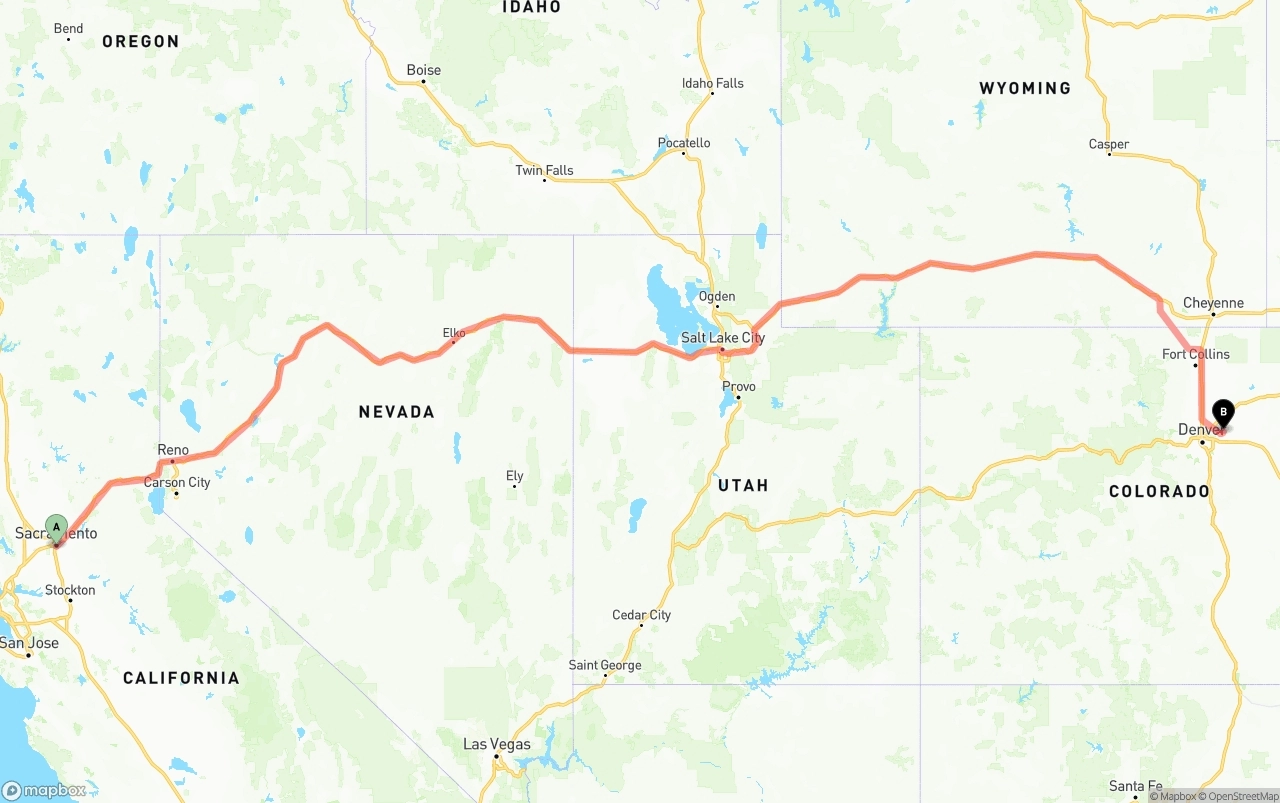 Shipping route from Sacramento to Denver International Airport