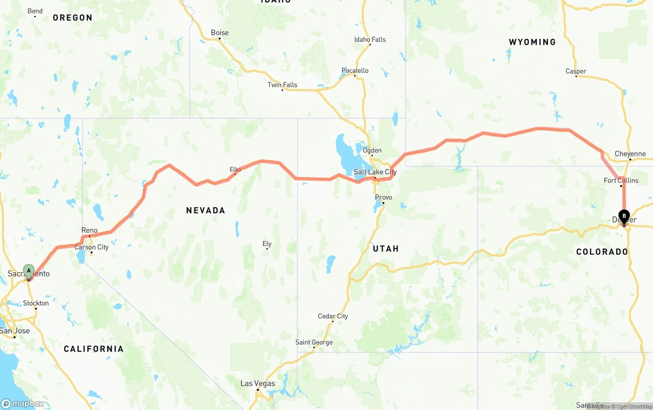 Shipping route from Sacramento to Denver