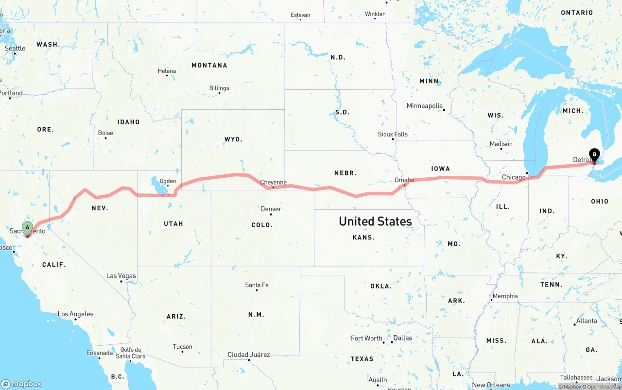 Shipping route from Sacramento to Detroit