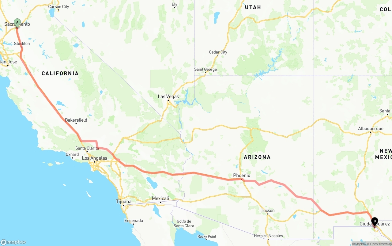 Shipping route from Sacramento to El Paso