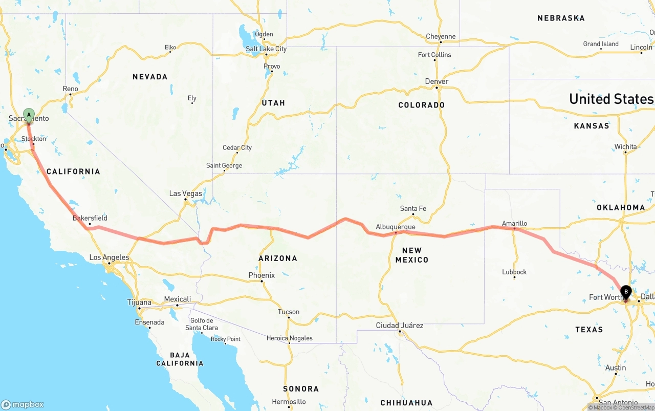 Shipping route from Sacramento to Fort Worth