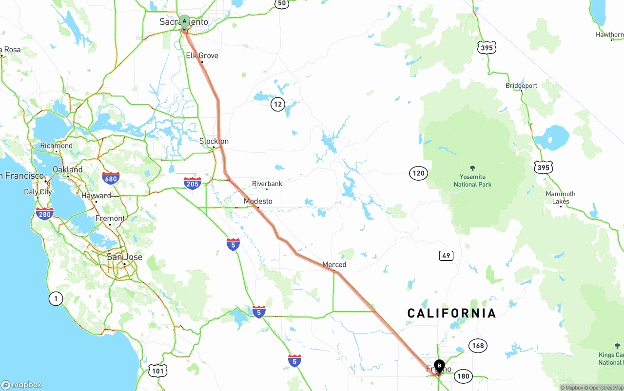 Shipping route from Sacramento to Fresno
