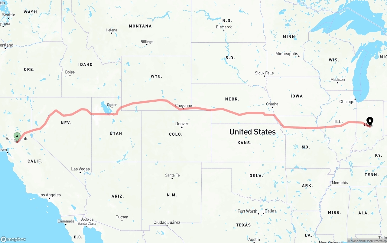Shipping route from Sacramento to Indianapolis