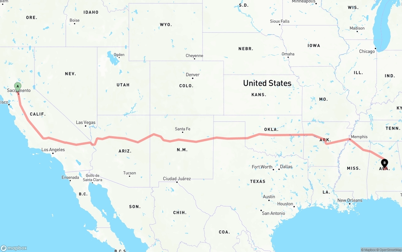 Shipping route from Sacramento International Airport to Alabama