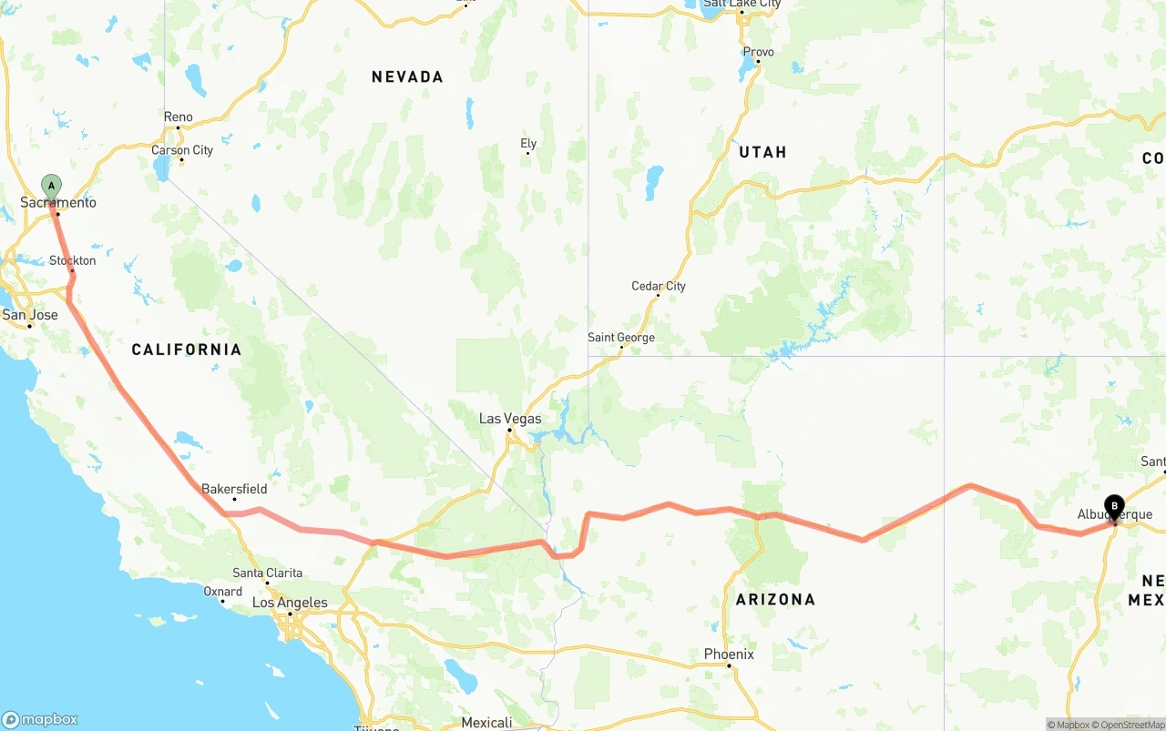 Shipping route from Sacramento International Airport to Albuquerque