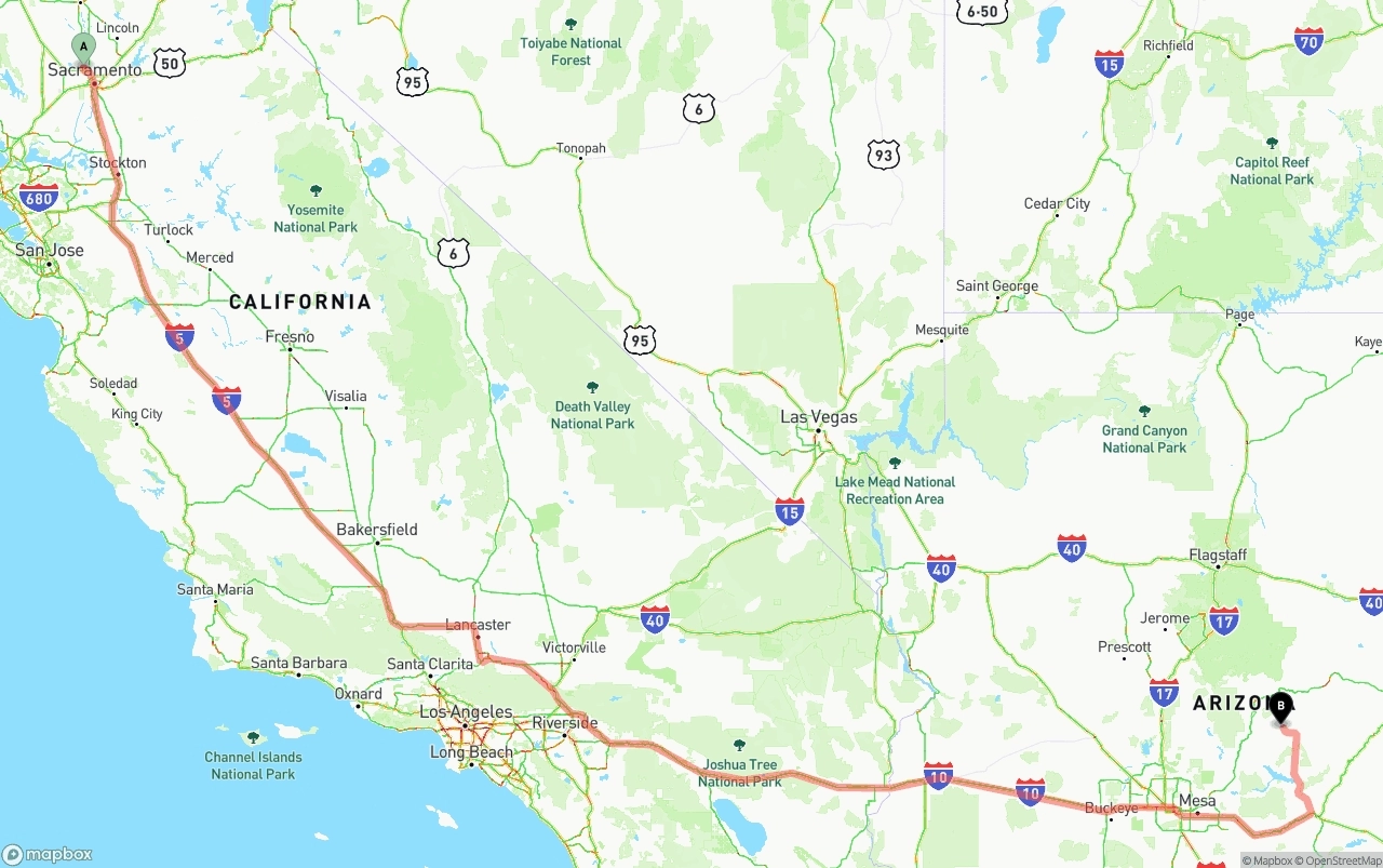 Shipping route from Sacramento International Airport to Arizona