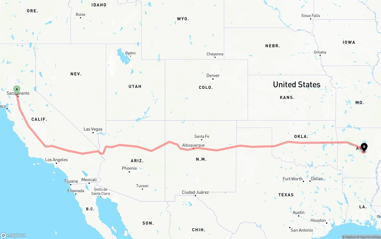 Shipping route from Sacramento International Airport to Arkansas