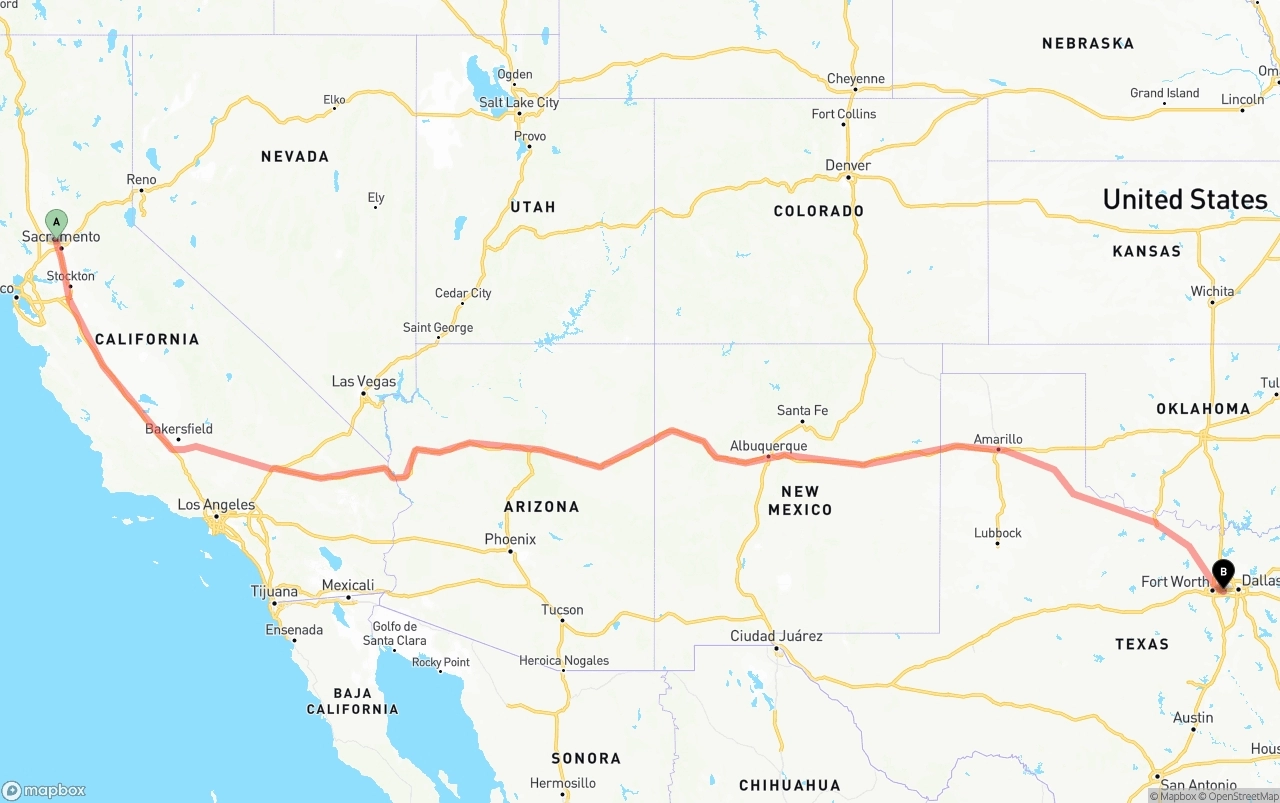 Shipping route from Sacramento International Airport to Arlington