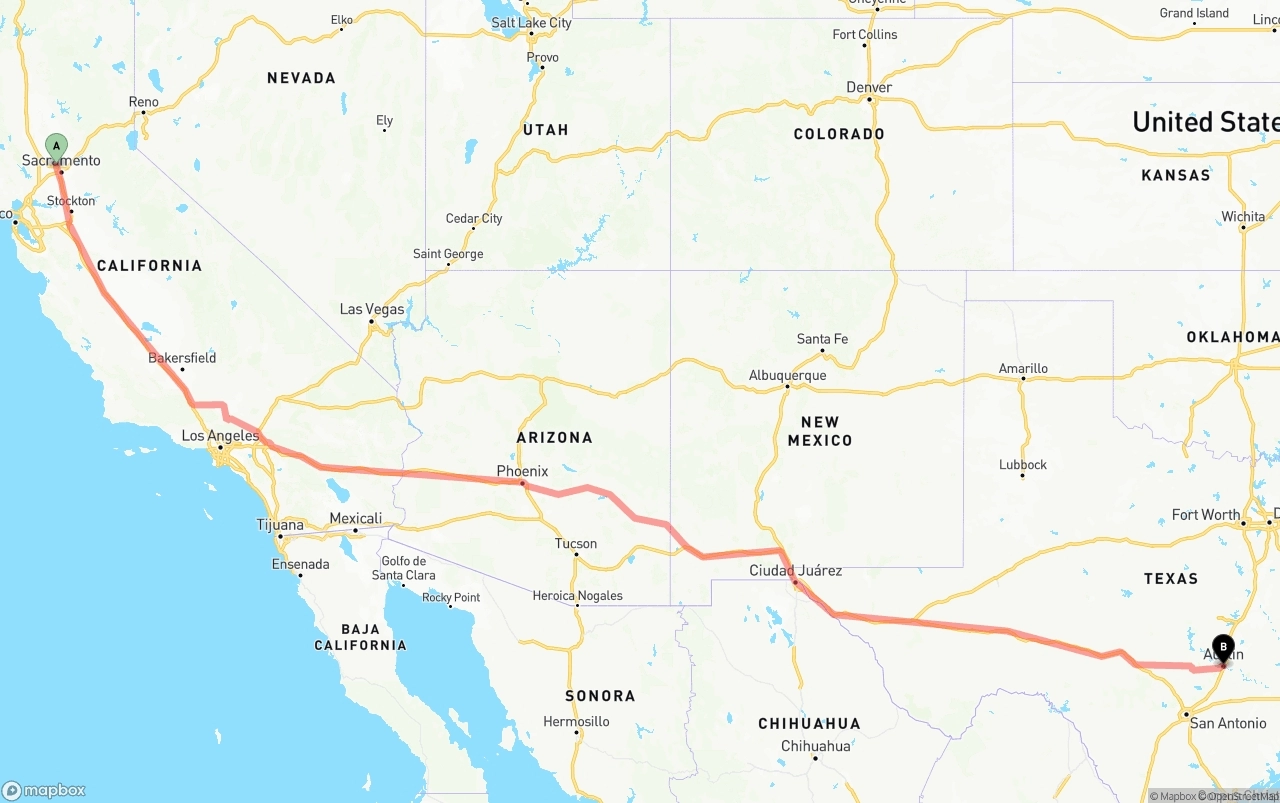 Shipping route from Sacramento International Airport to Austin