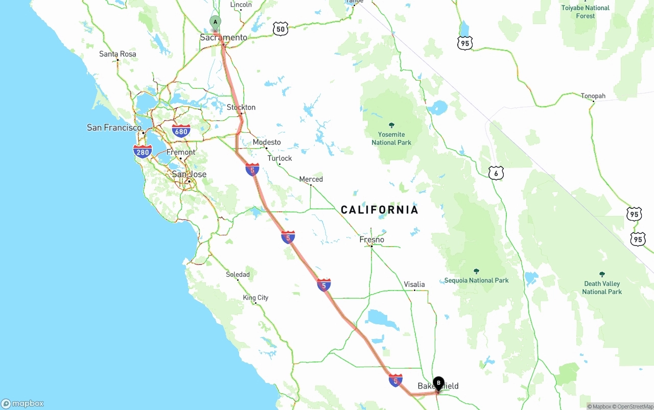 Shipping route from Sacramento International Airport to Bakersfield