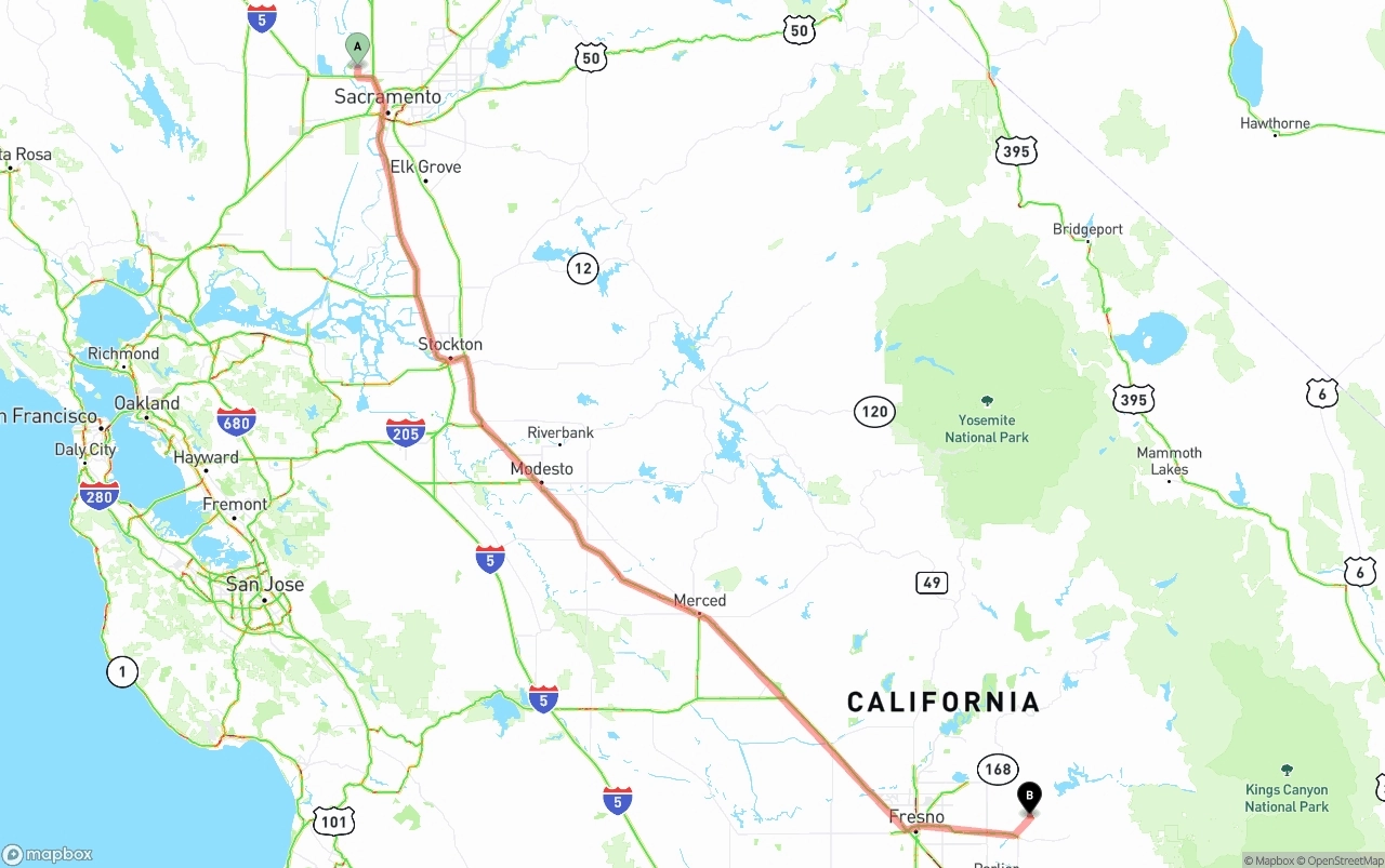 Shipping route from Sacramento International Airport to California