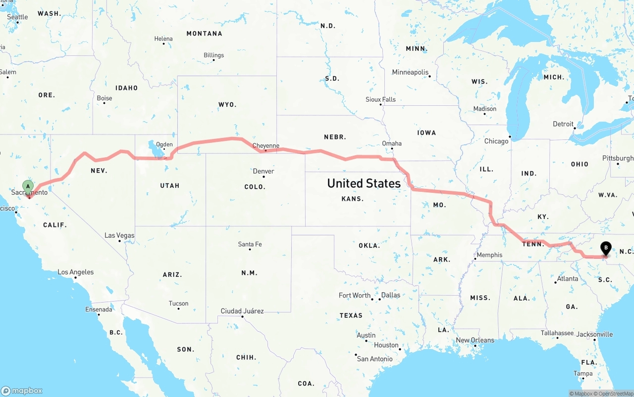 Shipping route from Sacramento International Airport to Charlotte