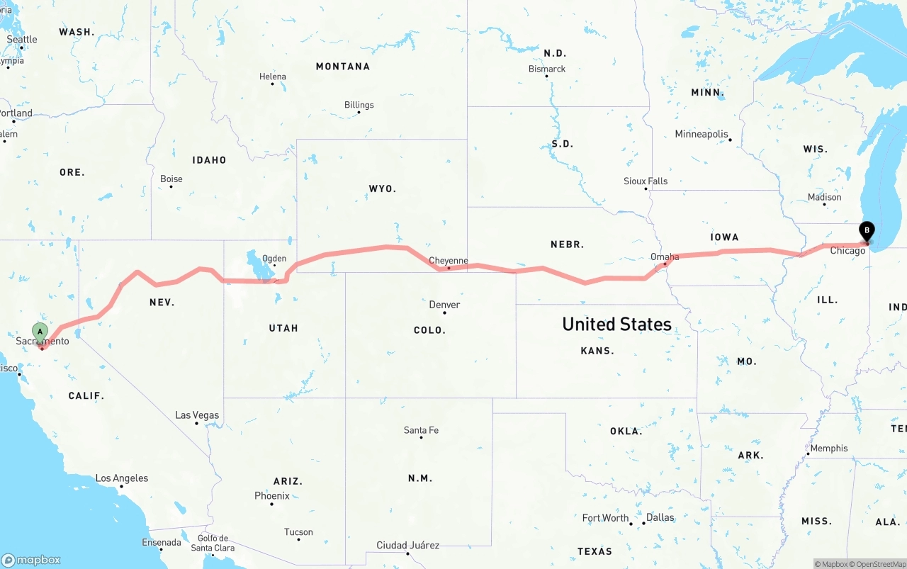 Shipping route from Sacramento International Airport to Chicago