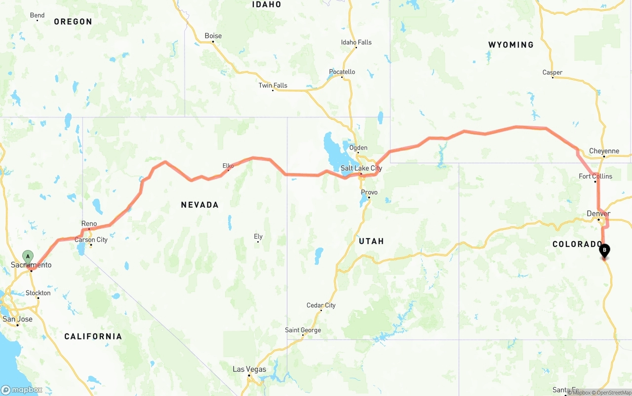 Shipping route from Sacramento International Airport to Colorado Springs