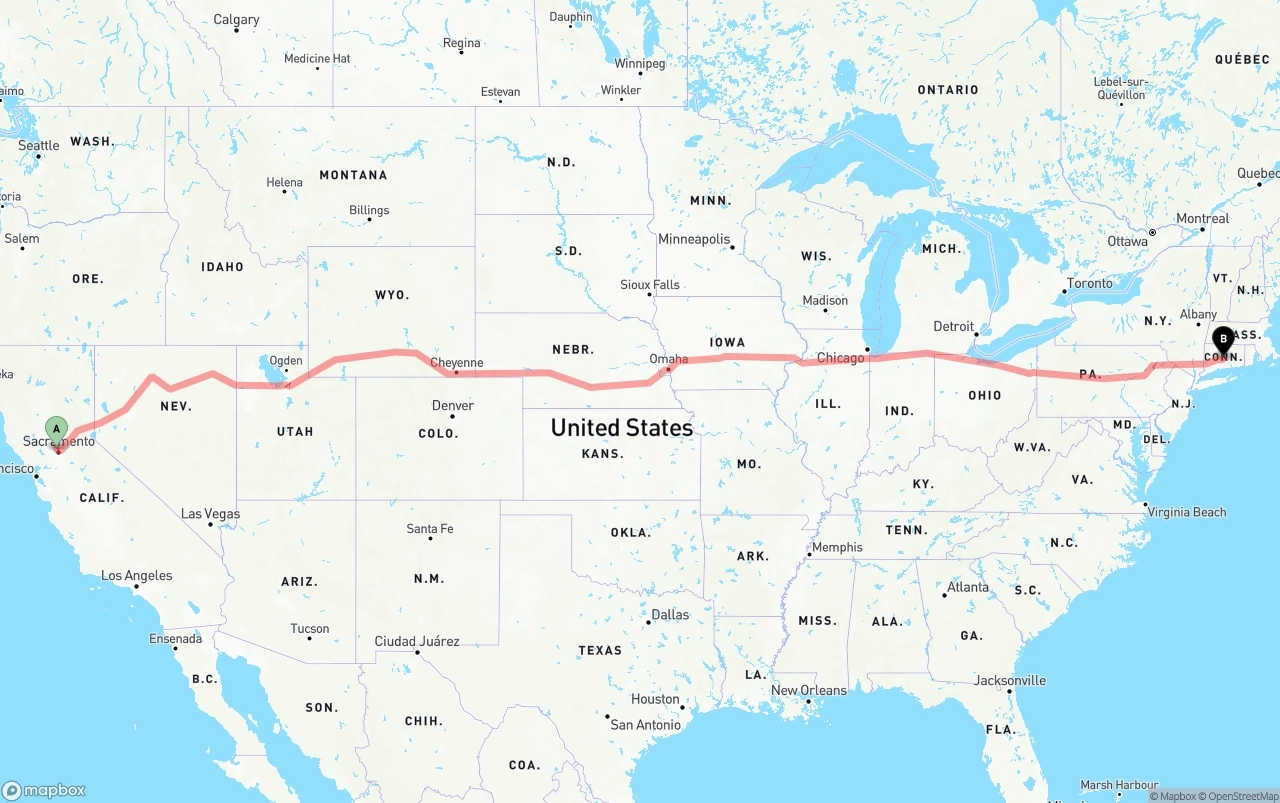 Shipping route from Sacramento International Airport to Connecticut