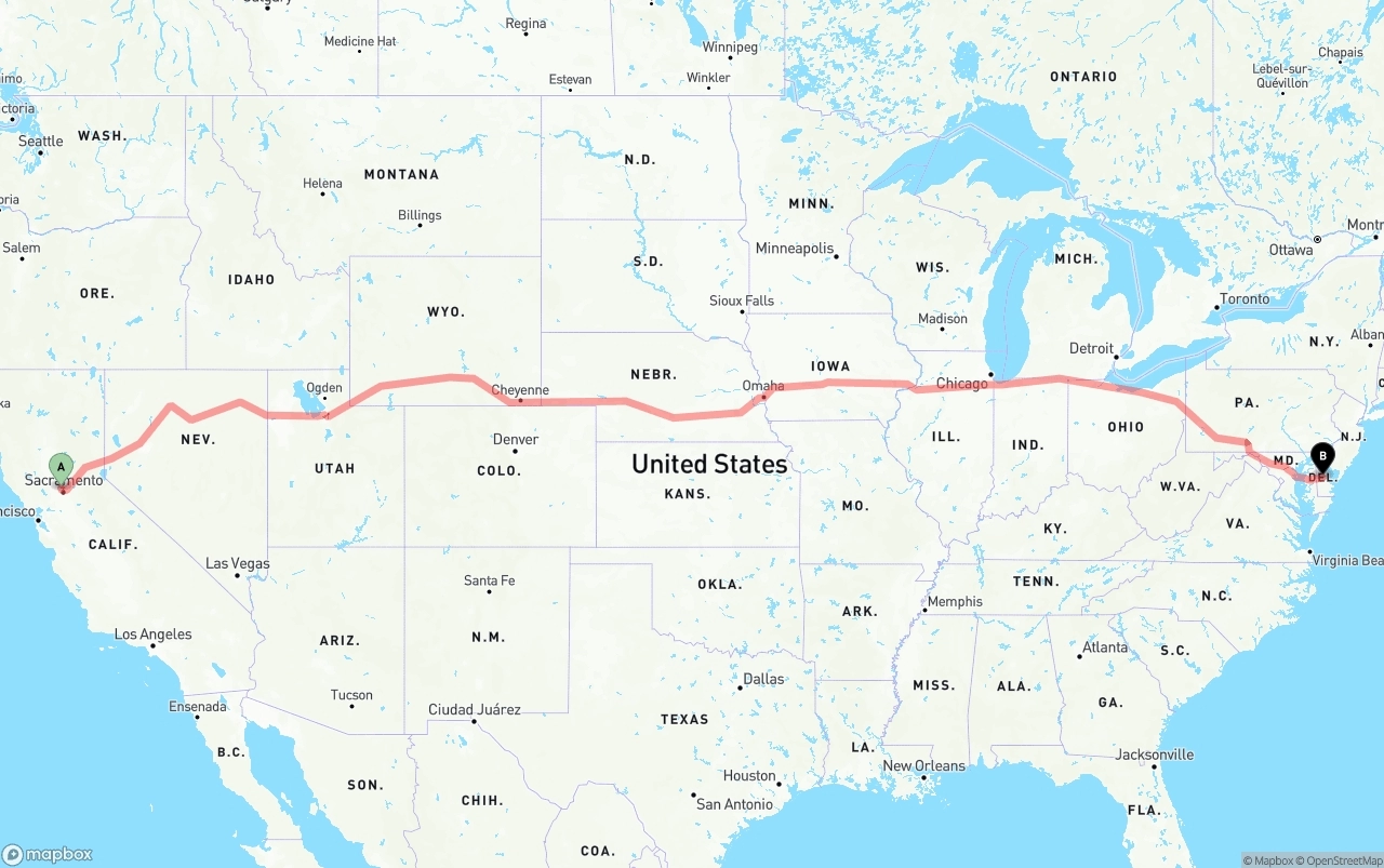 Shipping route from Sacramento International Airport to Delaware