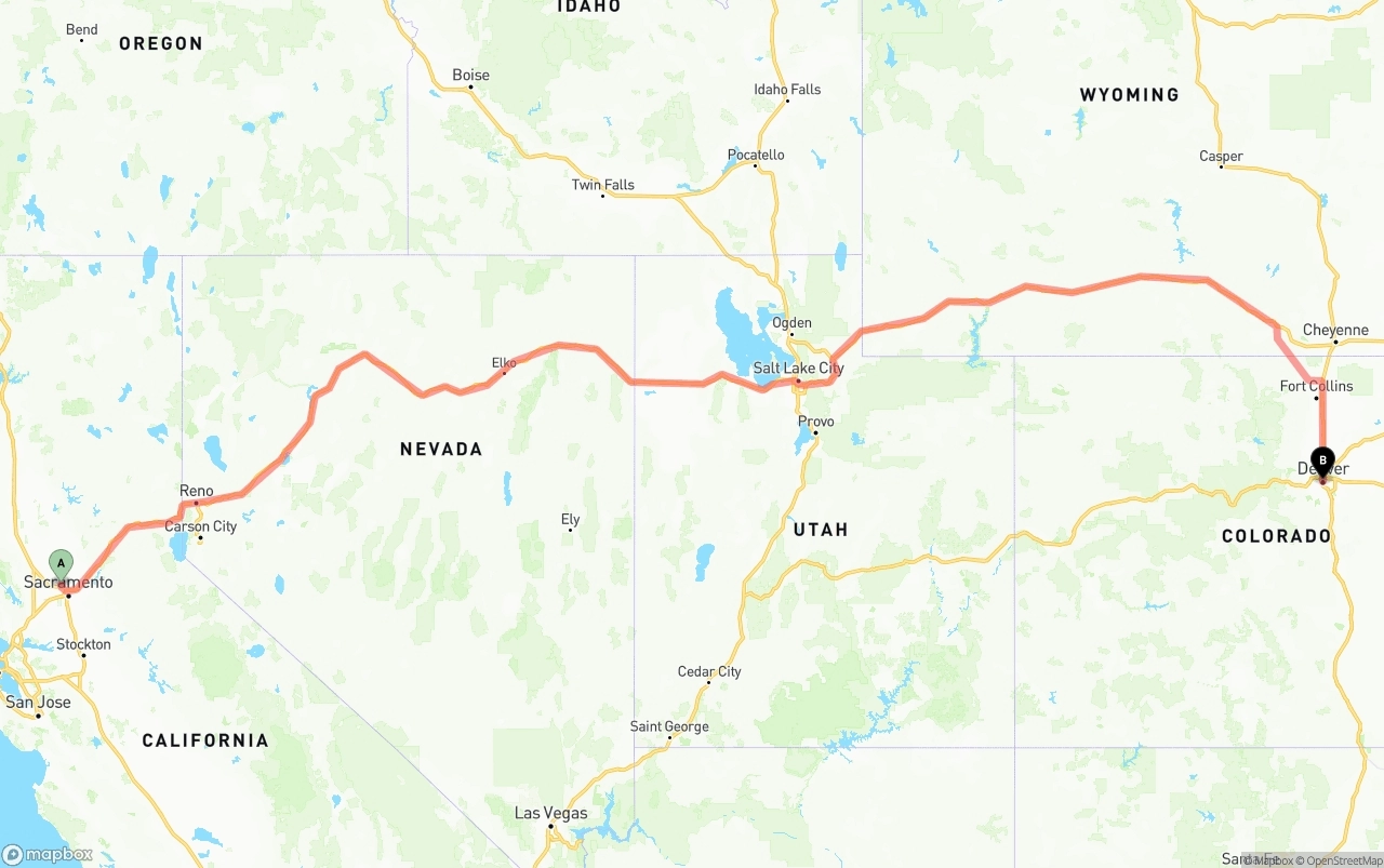 Shipping route from Sacramento International Airport to Denver
