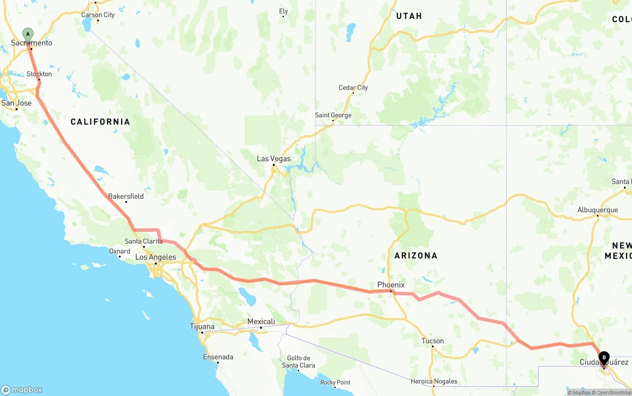 Shipping route from Sacramento International Airport to El Paso