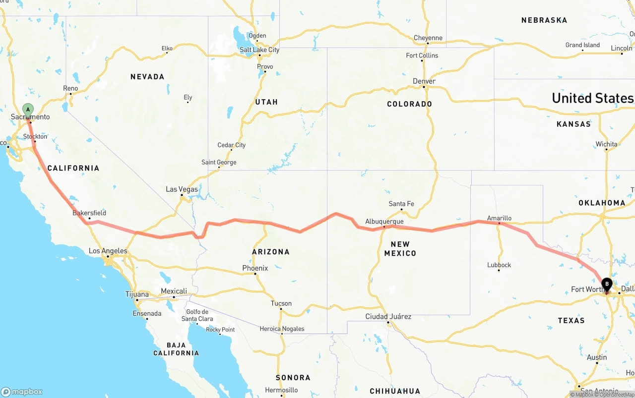 Shipping route from Sacramento International Airport to Fort Worth