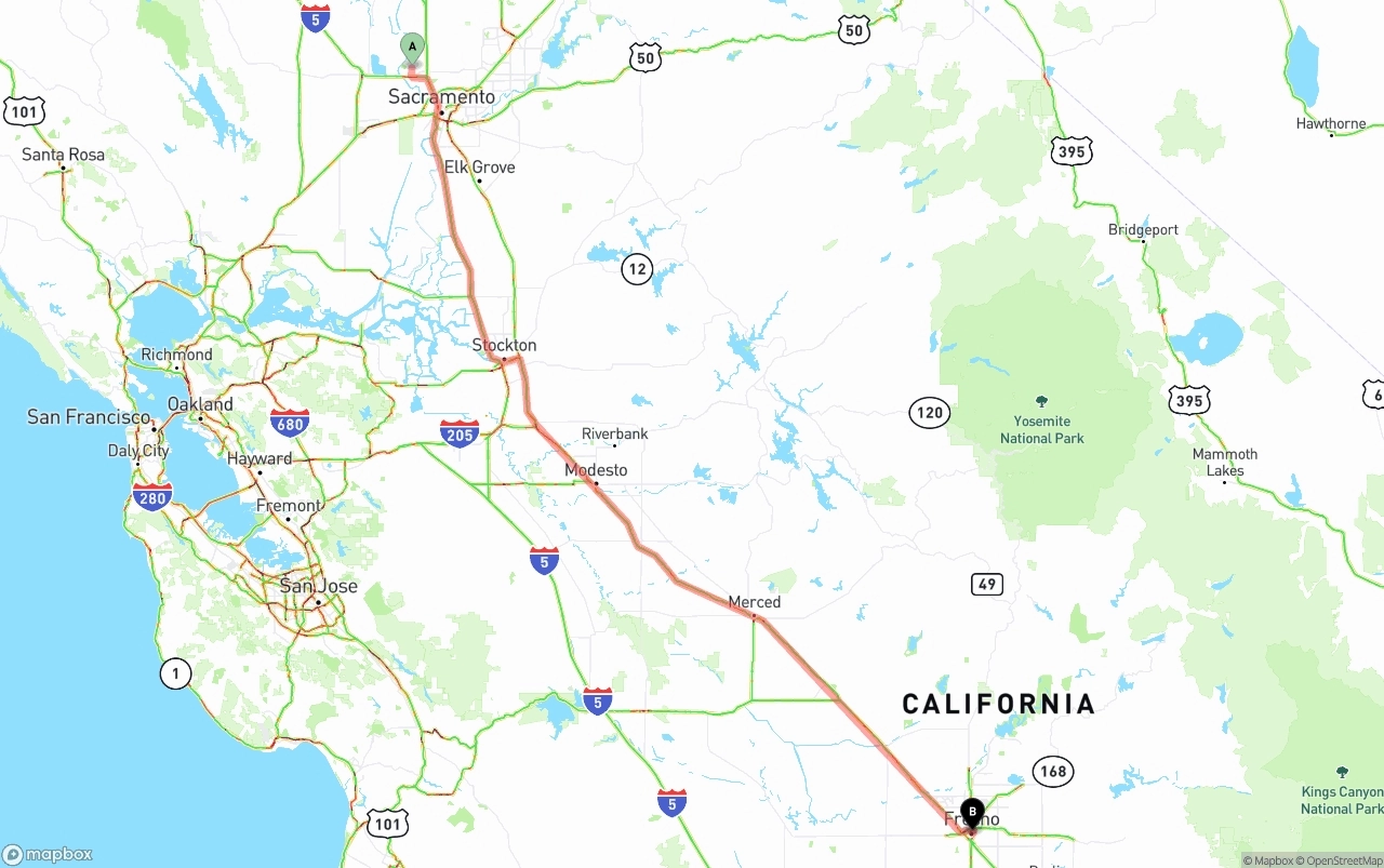 Shipping route from Sacramento International Airport to Fresno