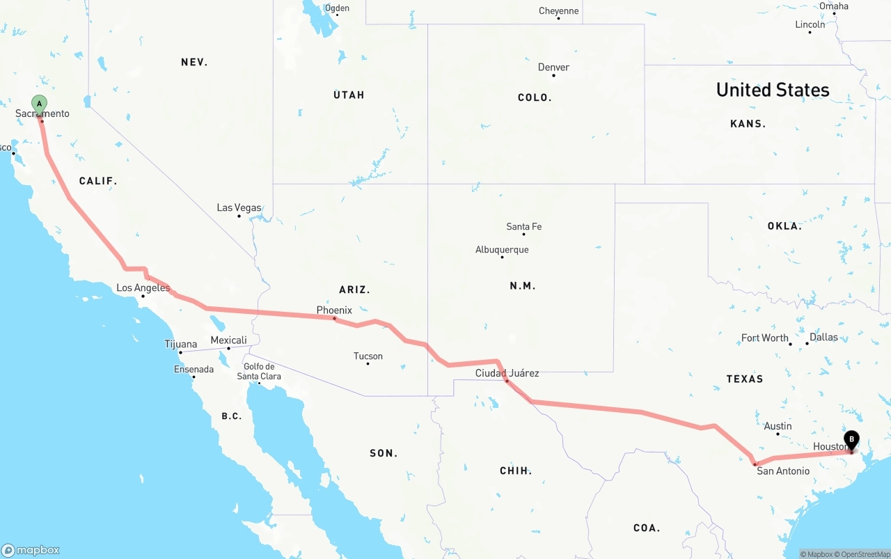 Shipping route from Sacramento International Airport to Houston