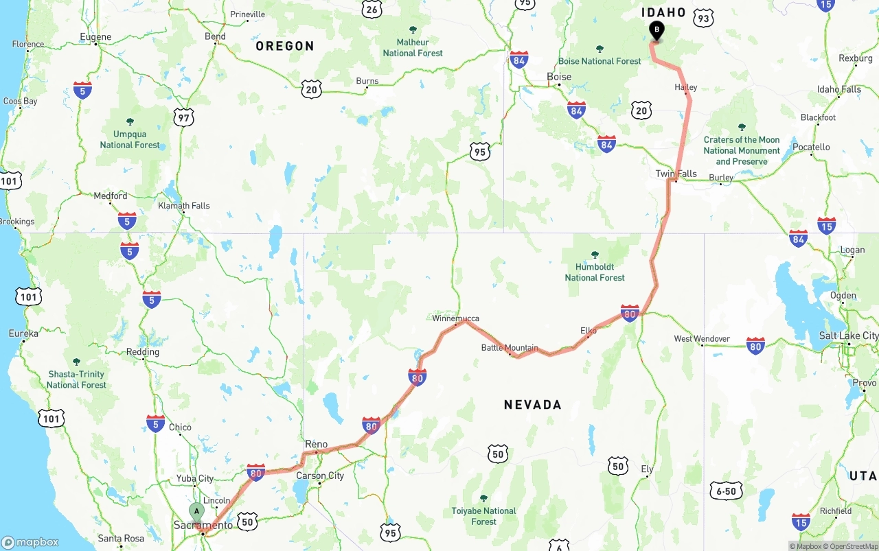 Shipping route from Sacramento International Airport to Idaho