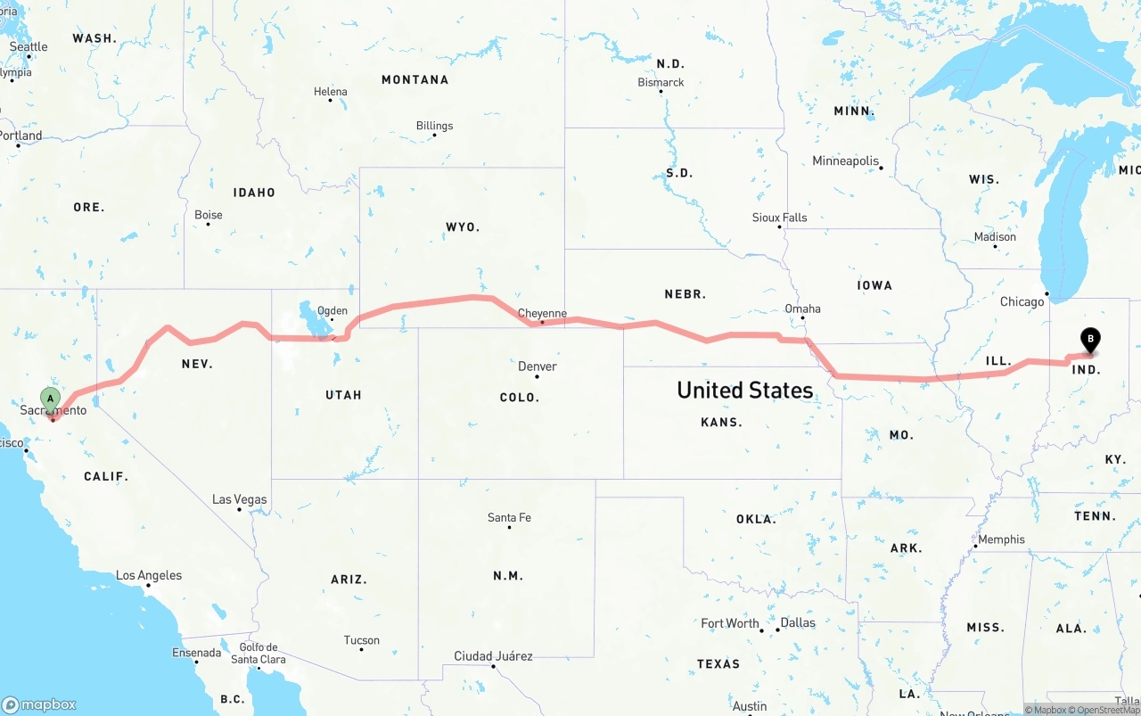 Shipping route from Sacramento International Airport to Indiana