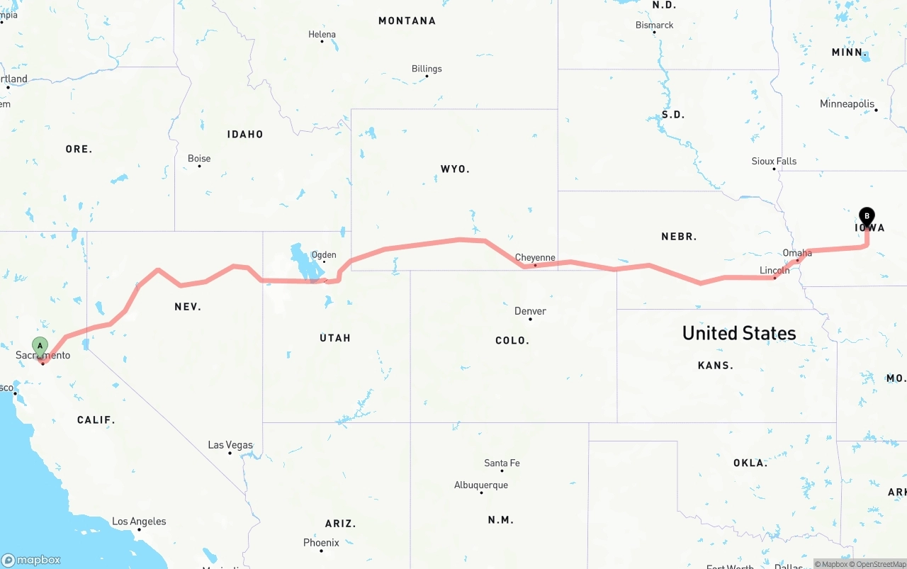 Shipping route from Sacramento International Airport to Iowa
