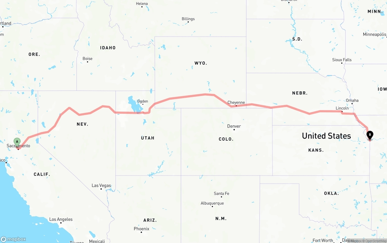 Shipping route from Sacramento International Airport to Kansas City