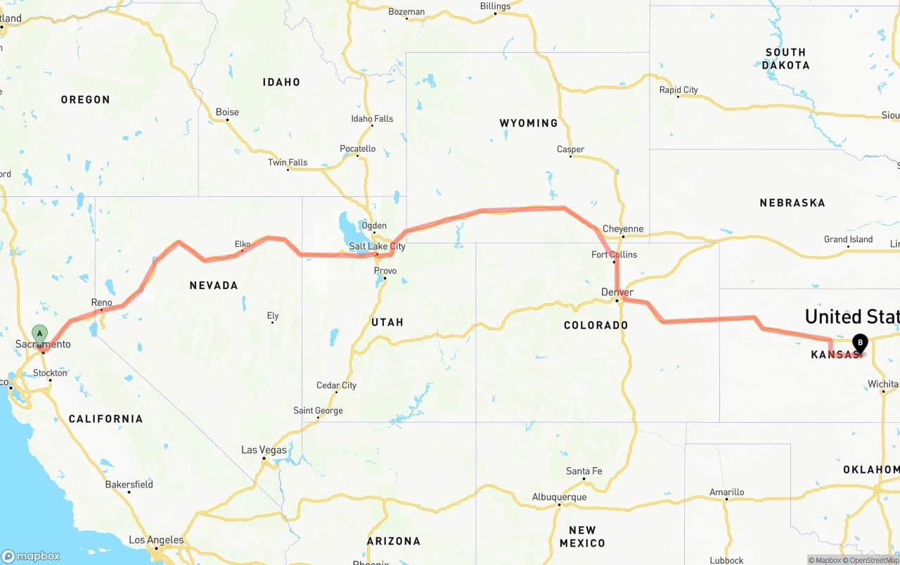 Shipping route from Sacramento International Airport to Kansas