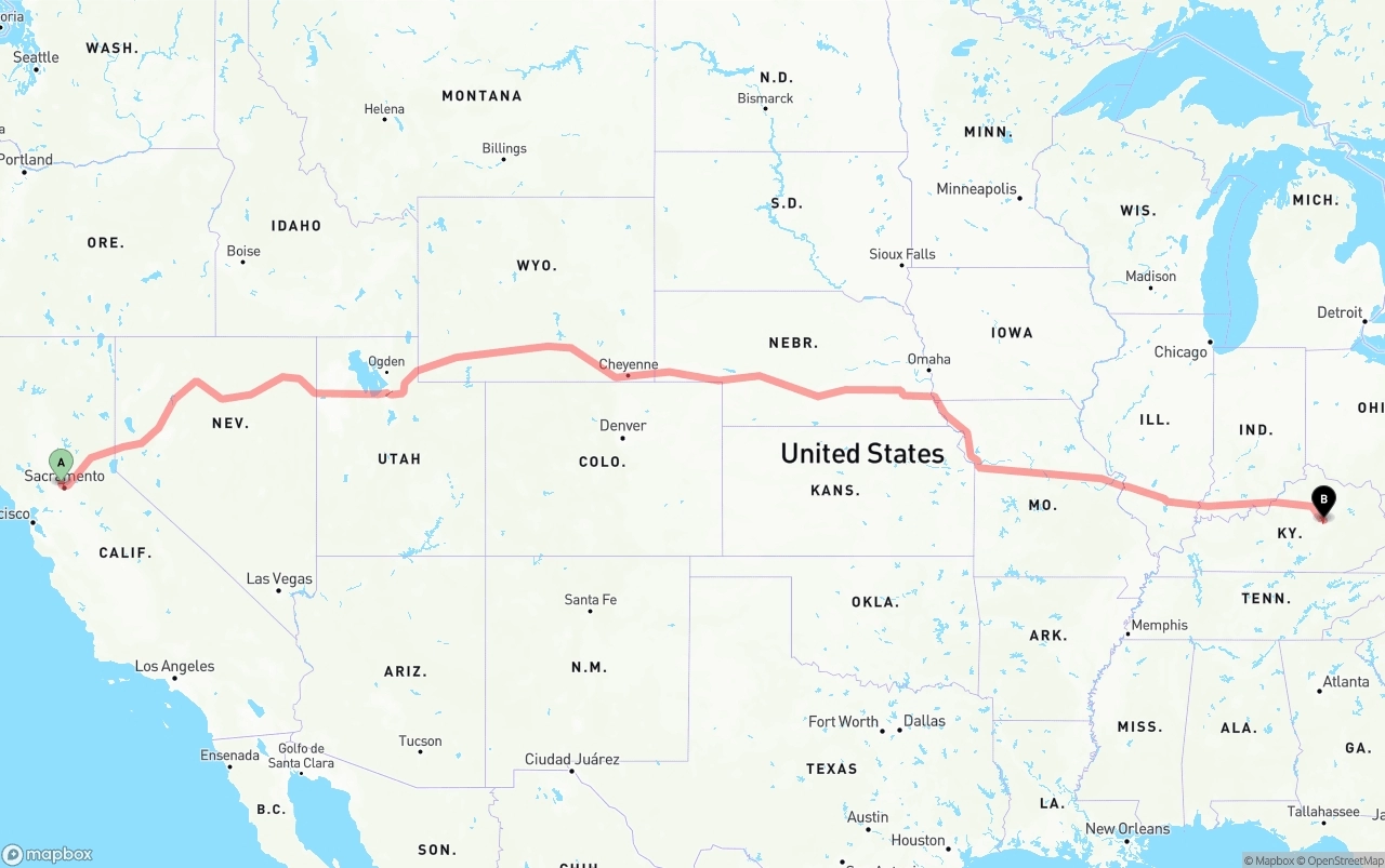 Shipping route from Sacramento International Airport to Kentucky