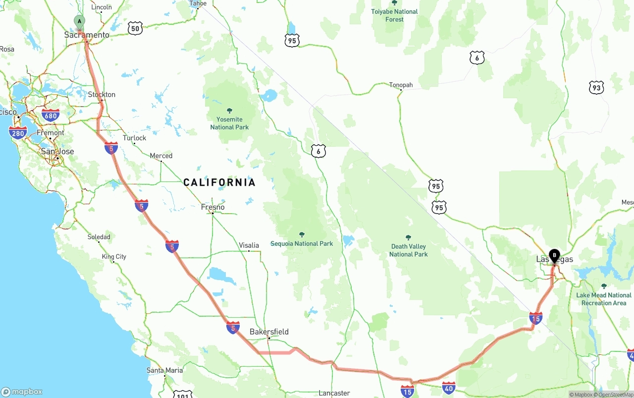 Shipping route from Sacramento International Airport to Las Vegas