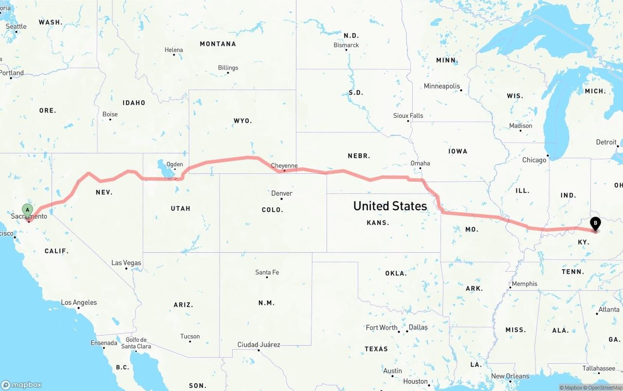 Shipping route from Sacramento International Airport to Lexington