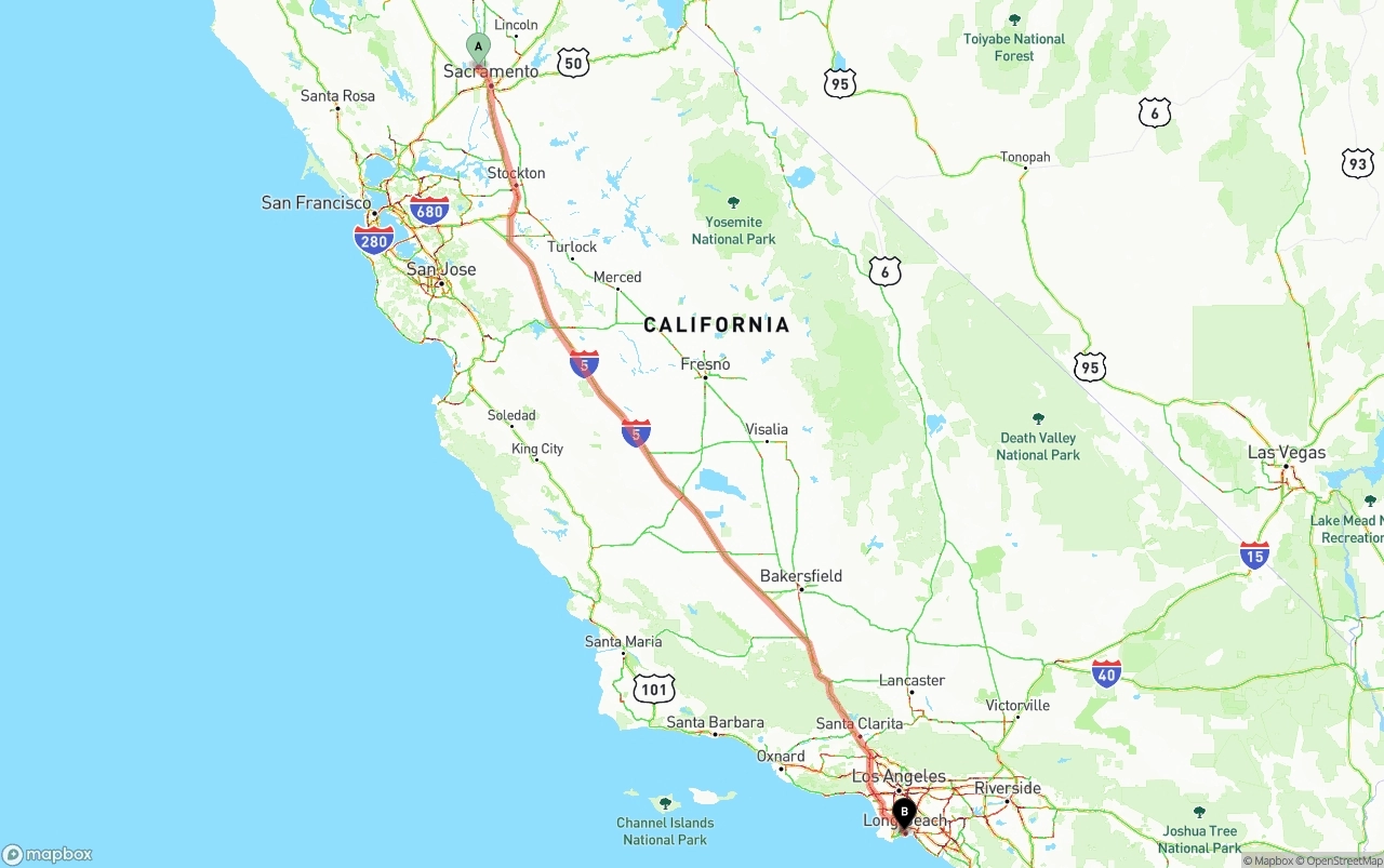 Shipping route from Sacramento International Airport to Long Beach
