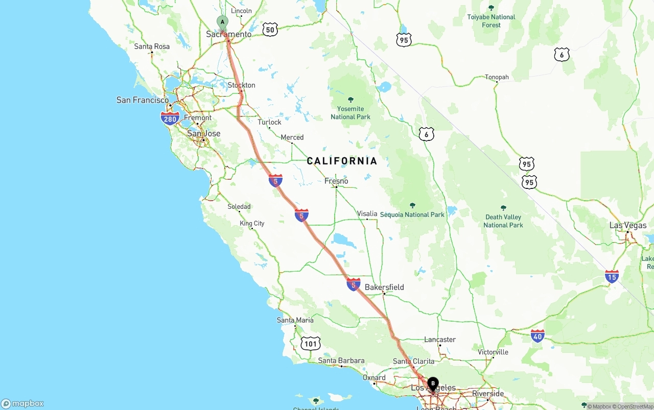Shipping route from Sacramento International Airport to Los Angeles