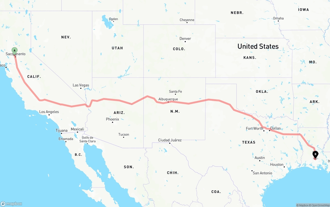 Shipping route from Sacramento International Airport to Louisiana