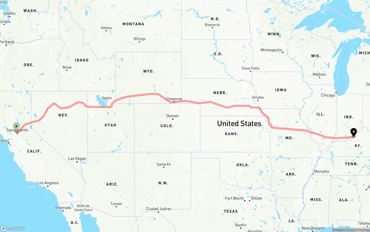Shipping route from Sacramento International Airport to Louisville