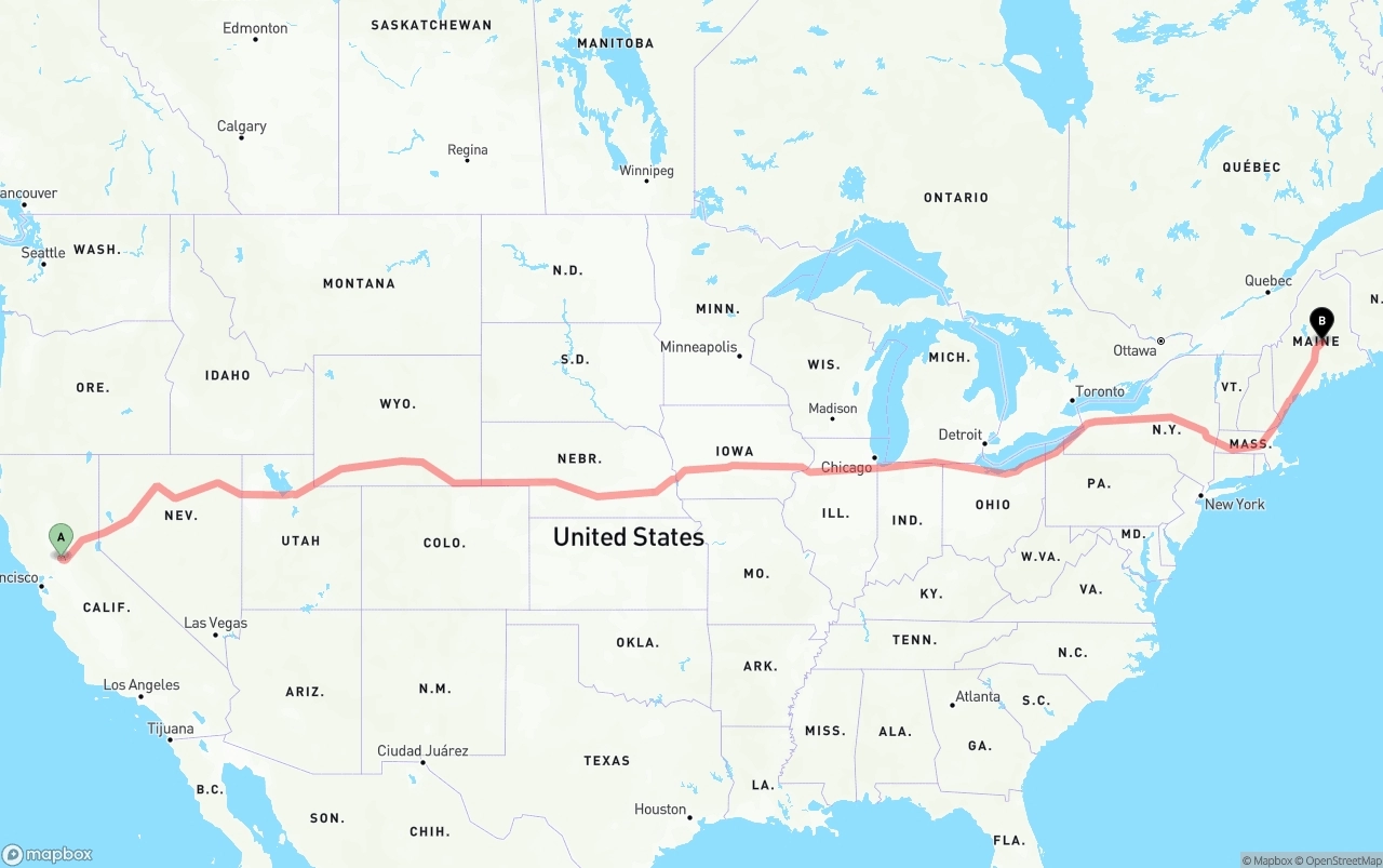 Shipping route from Sacramento International Airport to Maine