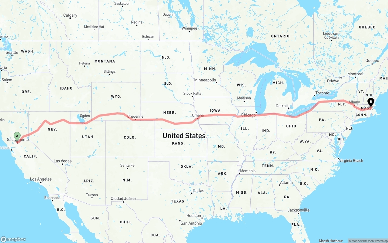 Shipping route from Sacramento International Airport to Massachusetts
